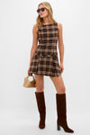 Brown Plaid Pleated Mini Dress