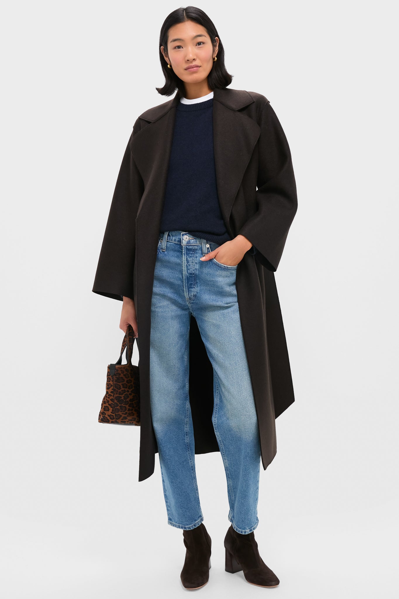 Dark Brown Belted Clutch Pressed Wool Coat | Harris Wharf London