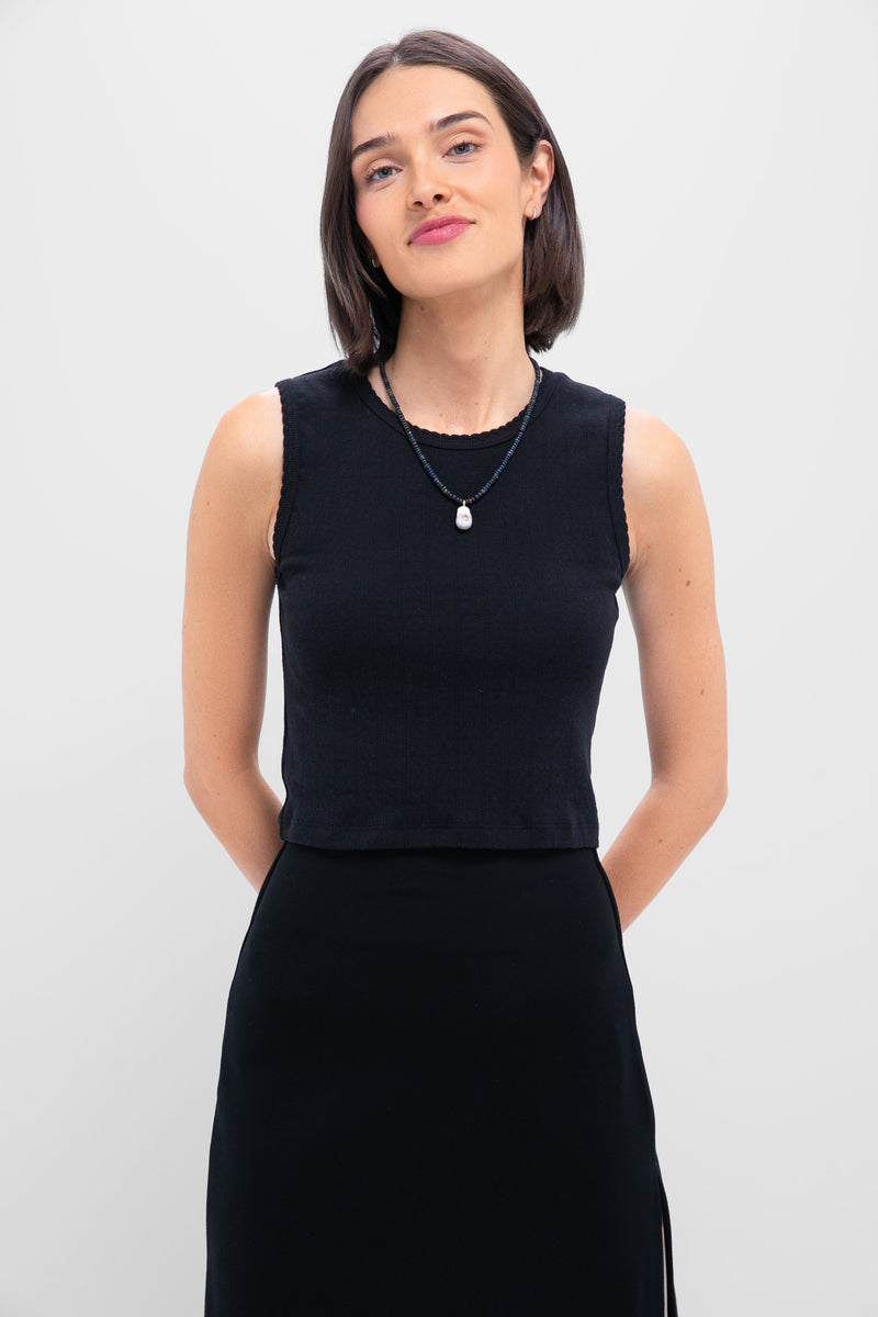 Black Pointelle Sleeveless Crew