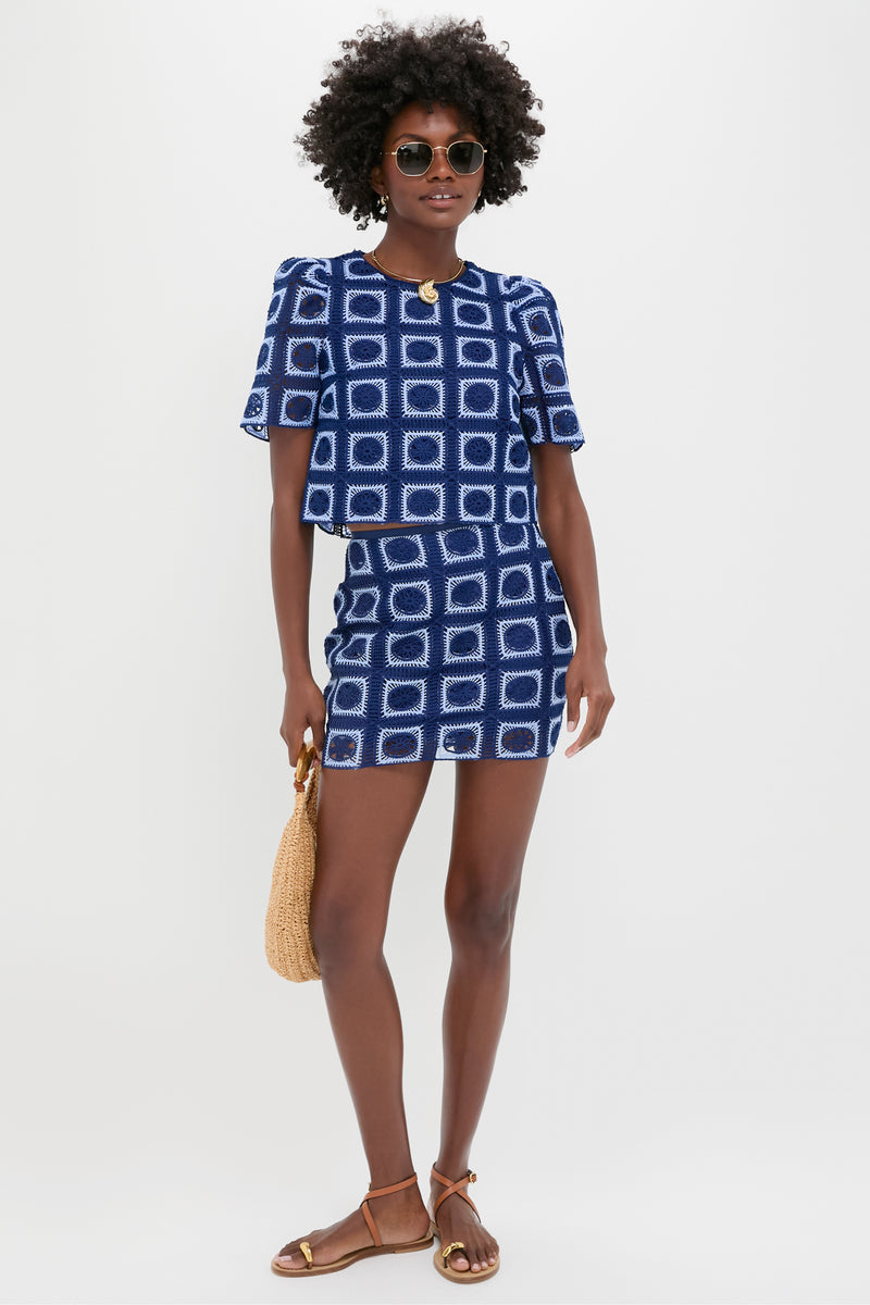 Navy & Sky Blue Crochet Brylee Mini Skirt