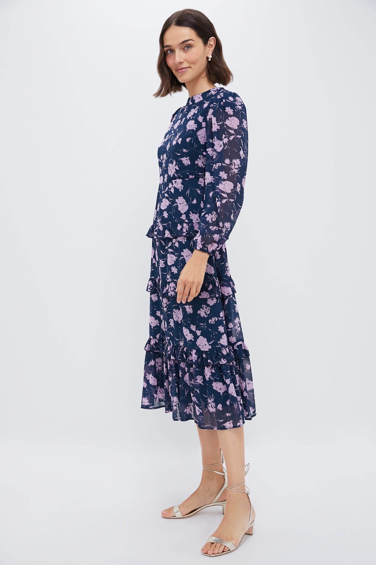 Navy & Blush Abstract Floral Rosalind Ruffle Midi Dress