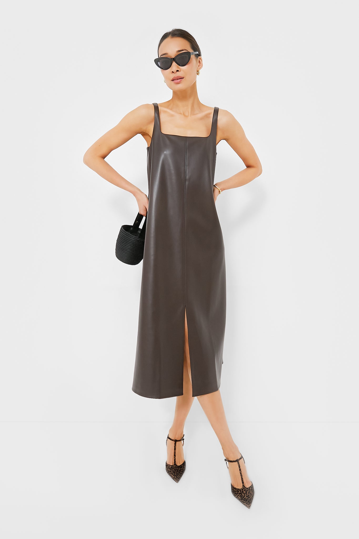 Chocolate Faux Leather Square Neck Olga Dress | Hyacinth House