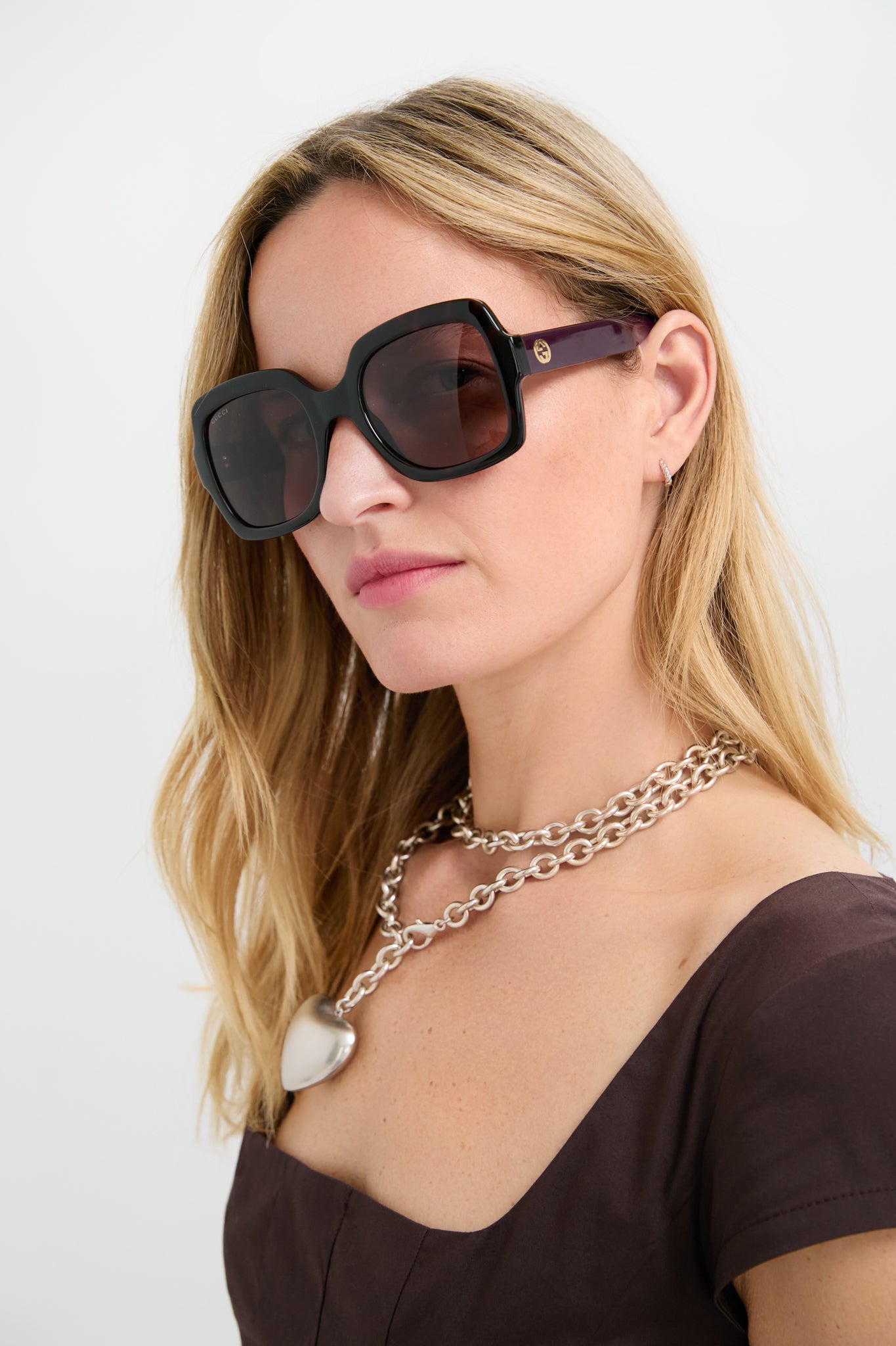 Havana Gucci Logo Squared Sunglasses