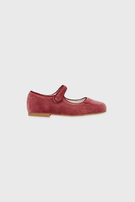 Dusty Pink Girl Velvet Mary Janes, a classic, high-end flat shoe in soft velvet, featuring an effortless velcro strap and fun grosgrain trim for all-day comfort.