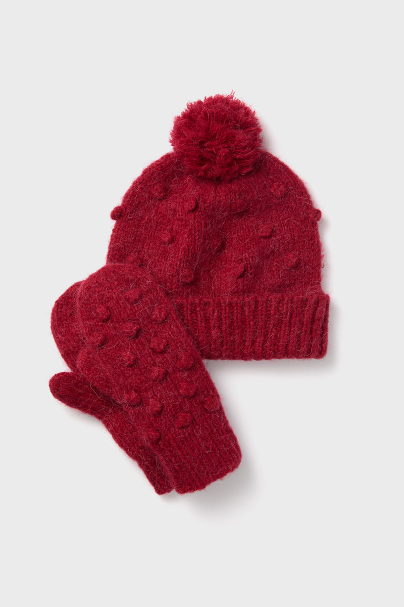 Red Pom Pom Hat and Mittens Set