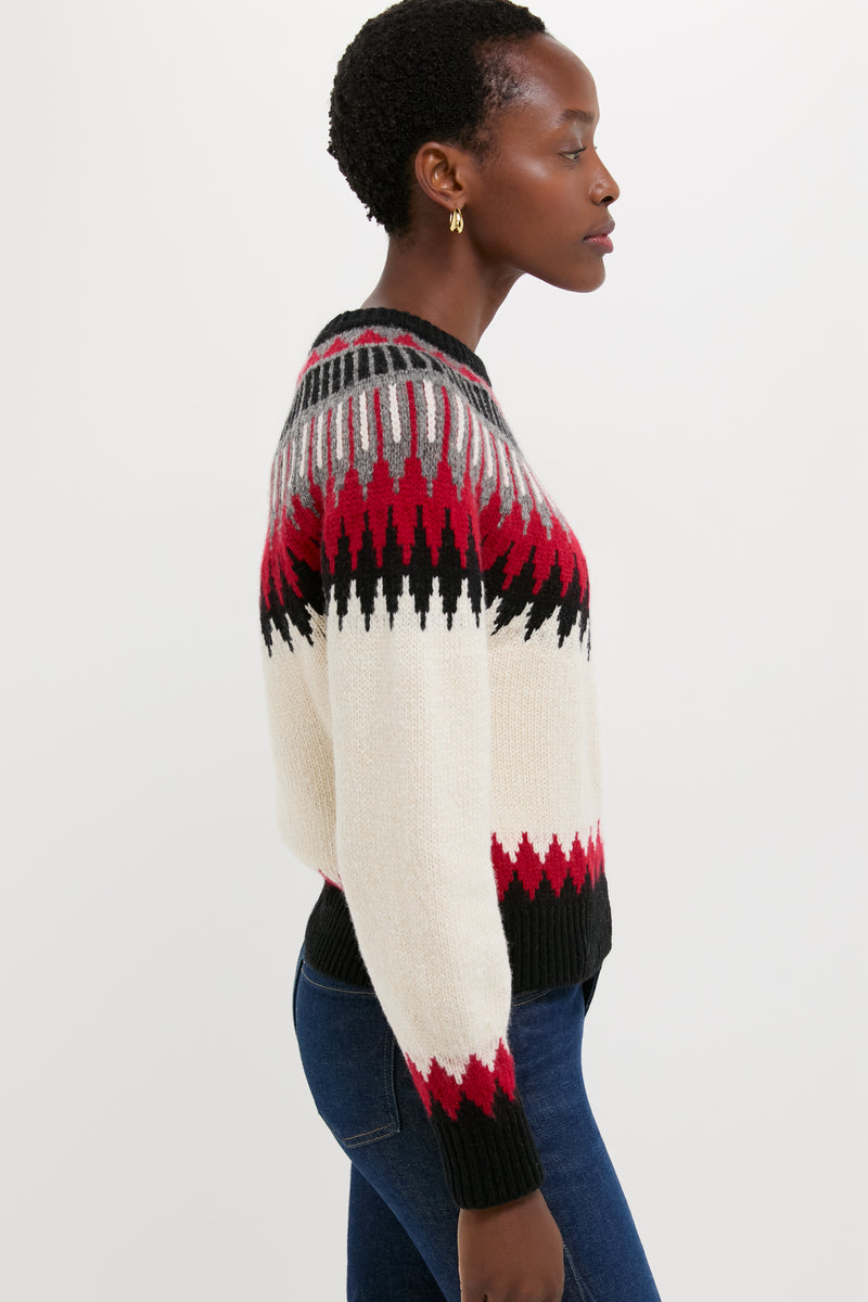 A woman in profile wears a Polo Ralph Lauren Fair-isle sweater with a red, black, and white geometric pattern and blue jeans, set against a plain white background.