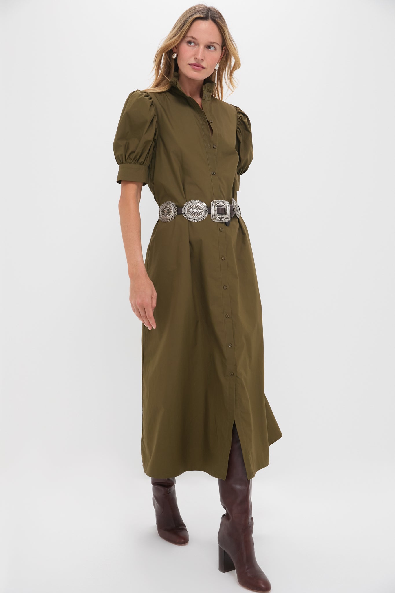 Olive Green Ruffle Collar Louisa Maxi Dress