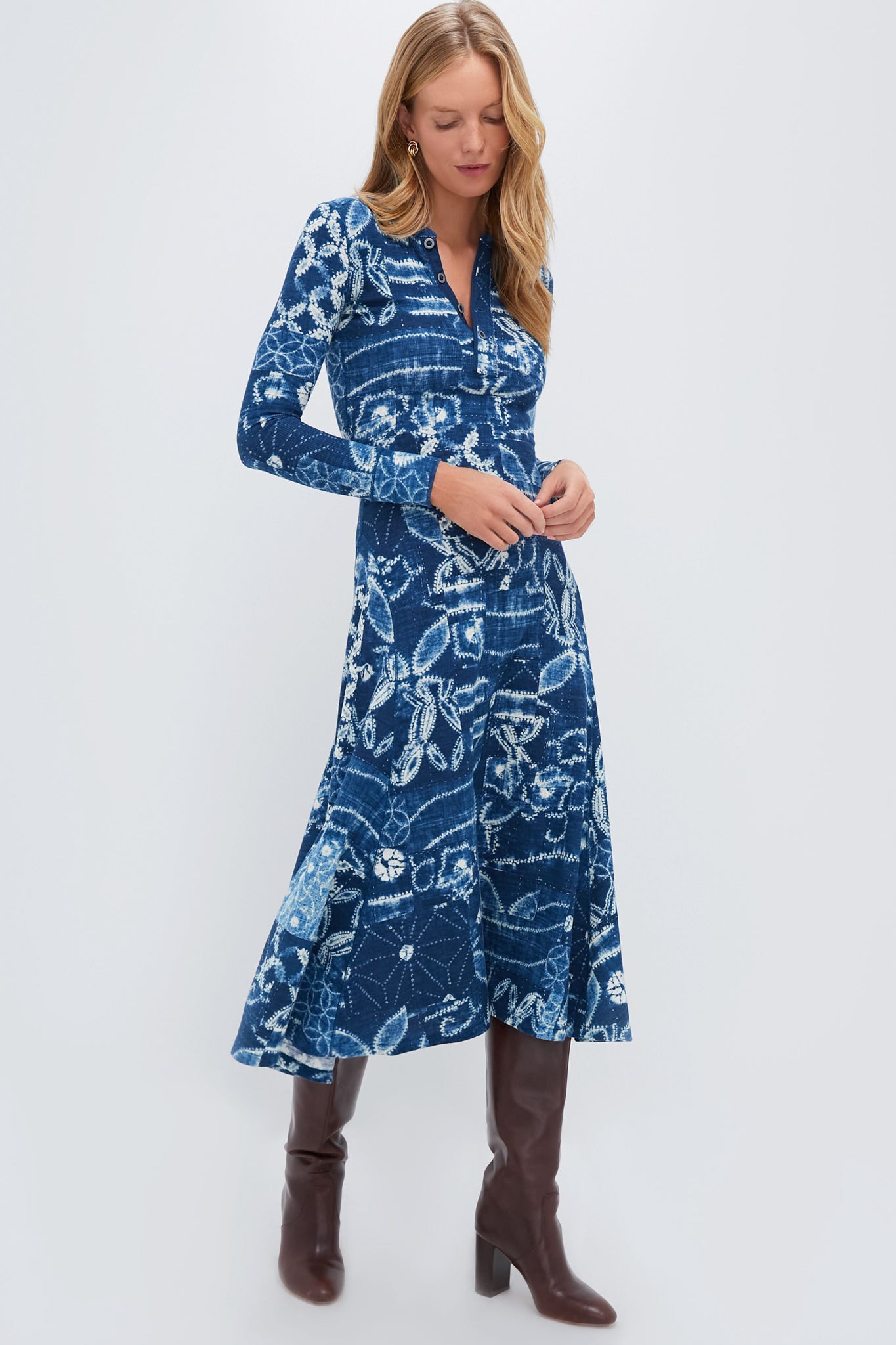 Indigo Shabori Patchwork Rowie Long Sleeve Day Dress | Polo Ralph