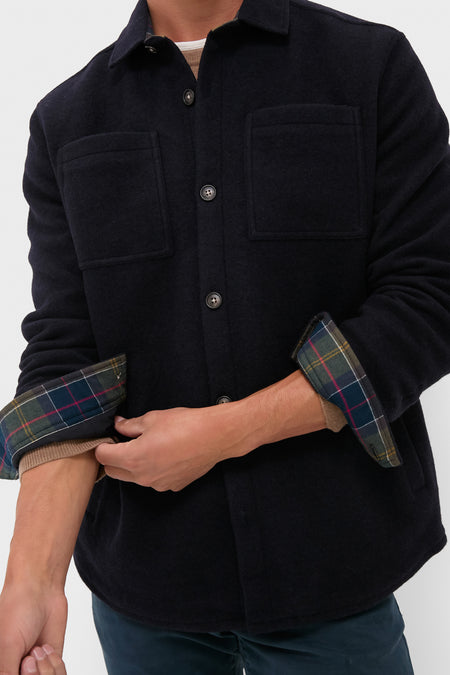 Navy Marl Marlow Tailored Wool Blend Overshirt, showcasing classic style with buttoned chest pockets and tartan-lined cuffs, effortlessly elevates cool, high-end transitional dressing.