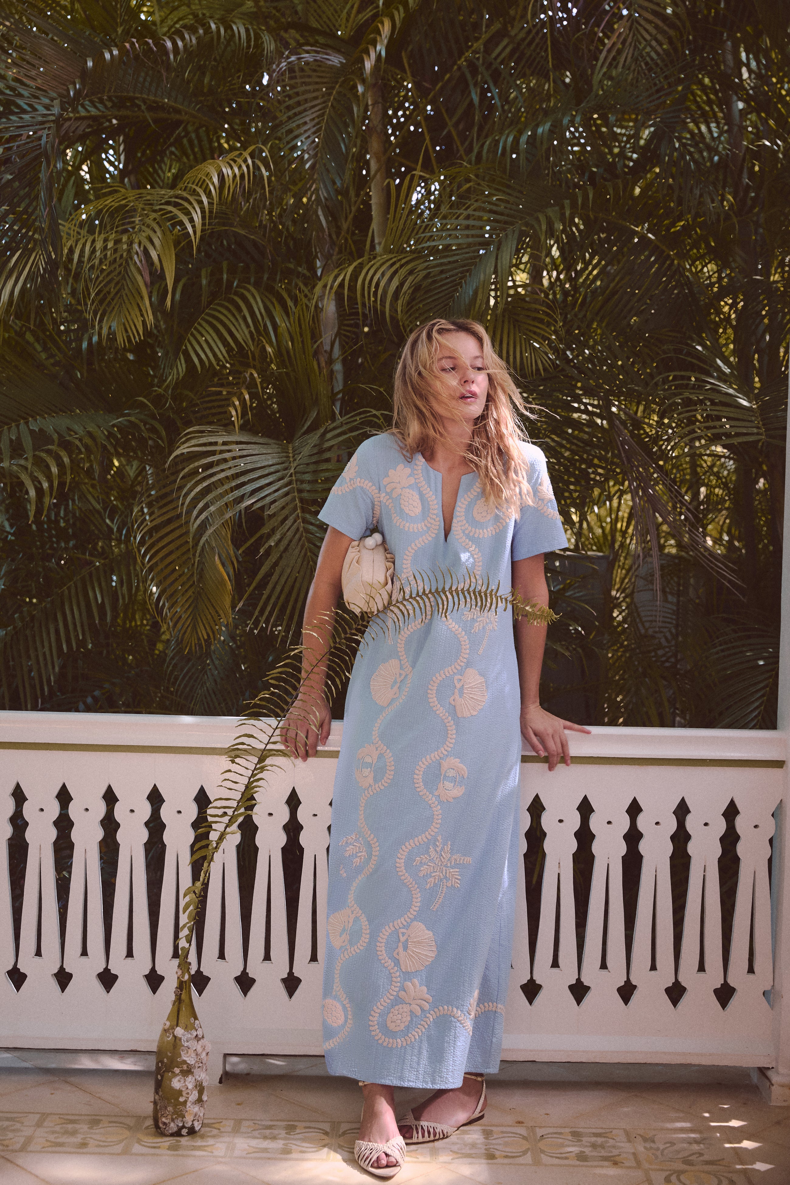 Blue Seersucker Embroidered James Dress