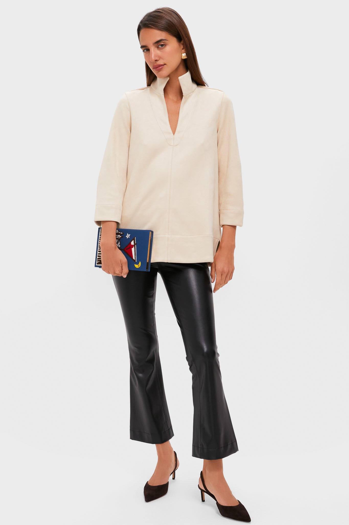 Bone Suede Margot Stand Collar Blouse