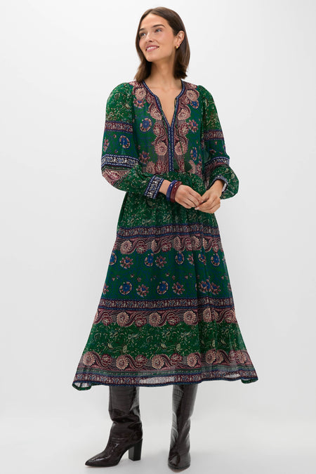 Green Melba Print Long Sleeve Midi Dress