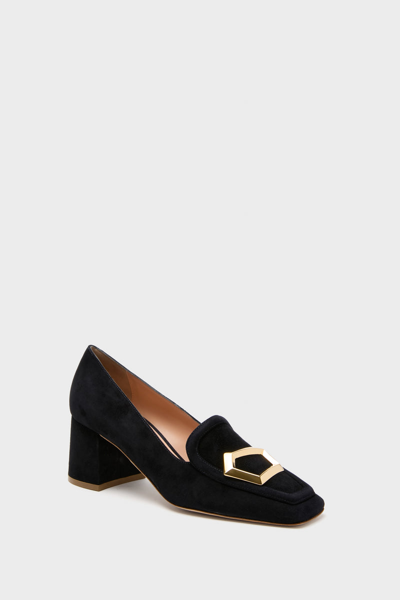 Midnight Suede with Gold Cubic Pebble Nola Heels