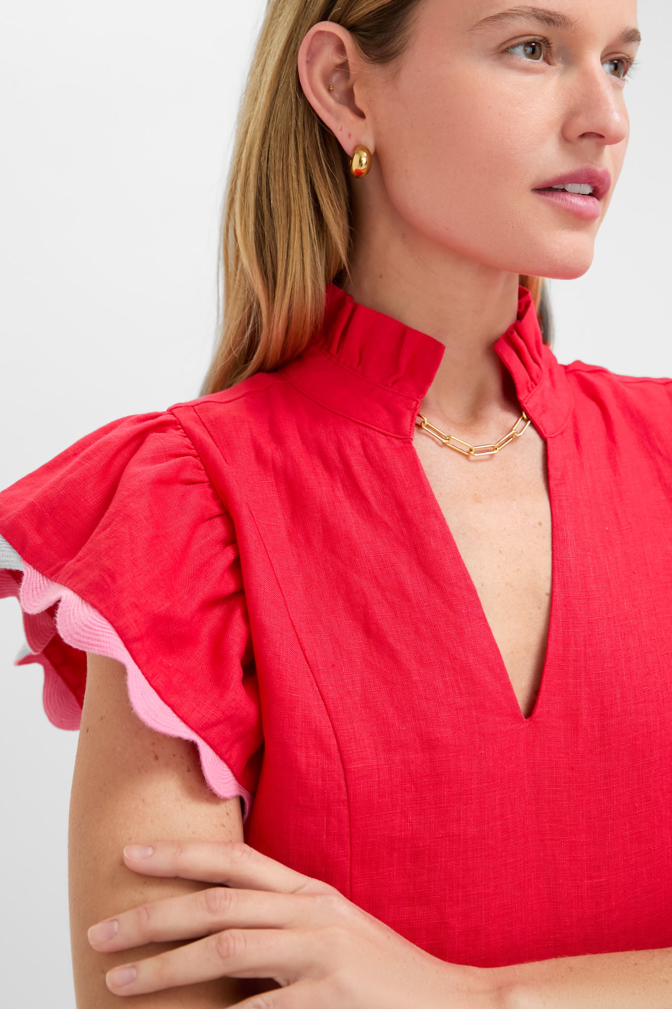 Hibiscus Red Linen Flutter Sleeve Bella Dress