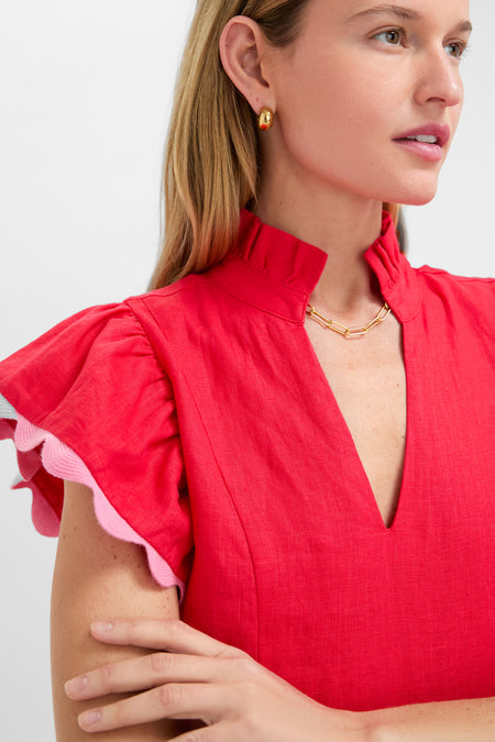 Hibiscus Red Linen Flutter Sleeve Bella Dress