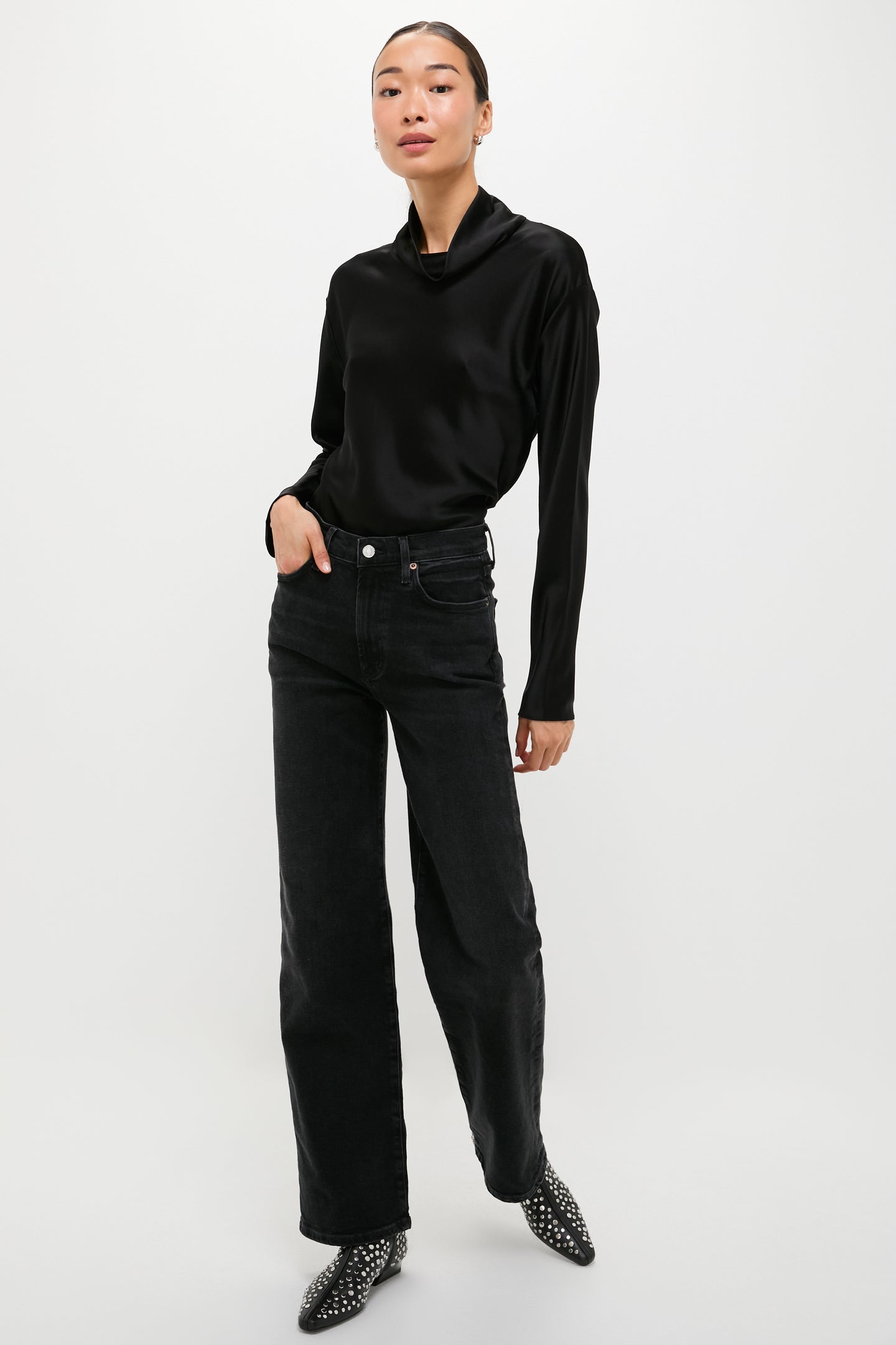 Black Barb Long Sleeve Cowl Neck Shirt