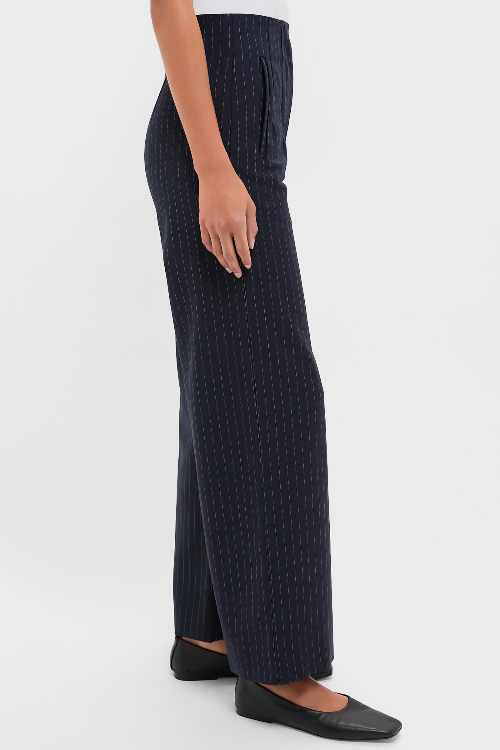 Navy Pinstripe Darted Wideleg Trouser