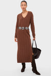 Gingerbread Brown Melange Alpaca Blend Sweater V-Neck Long Sleeve Dress