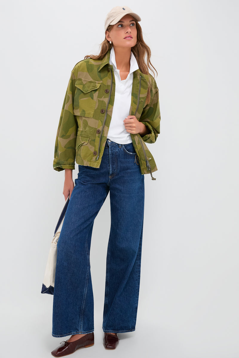 Camo Green and Brown Multi Cotton Satin Woven Field Jacket