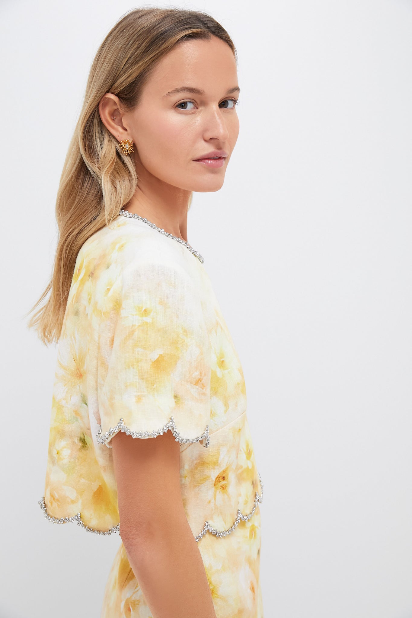 Yellow Floral Crush Scalloped Top