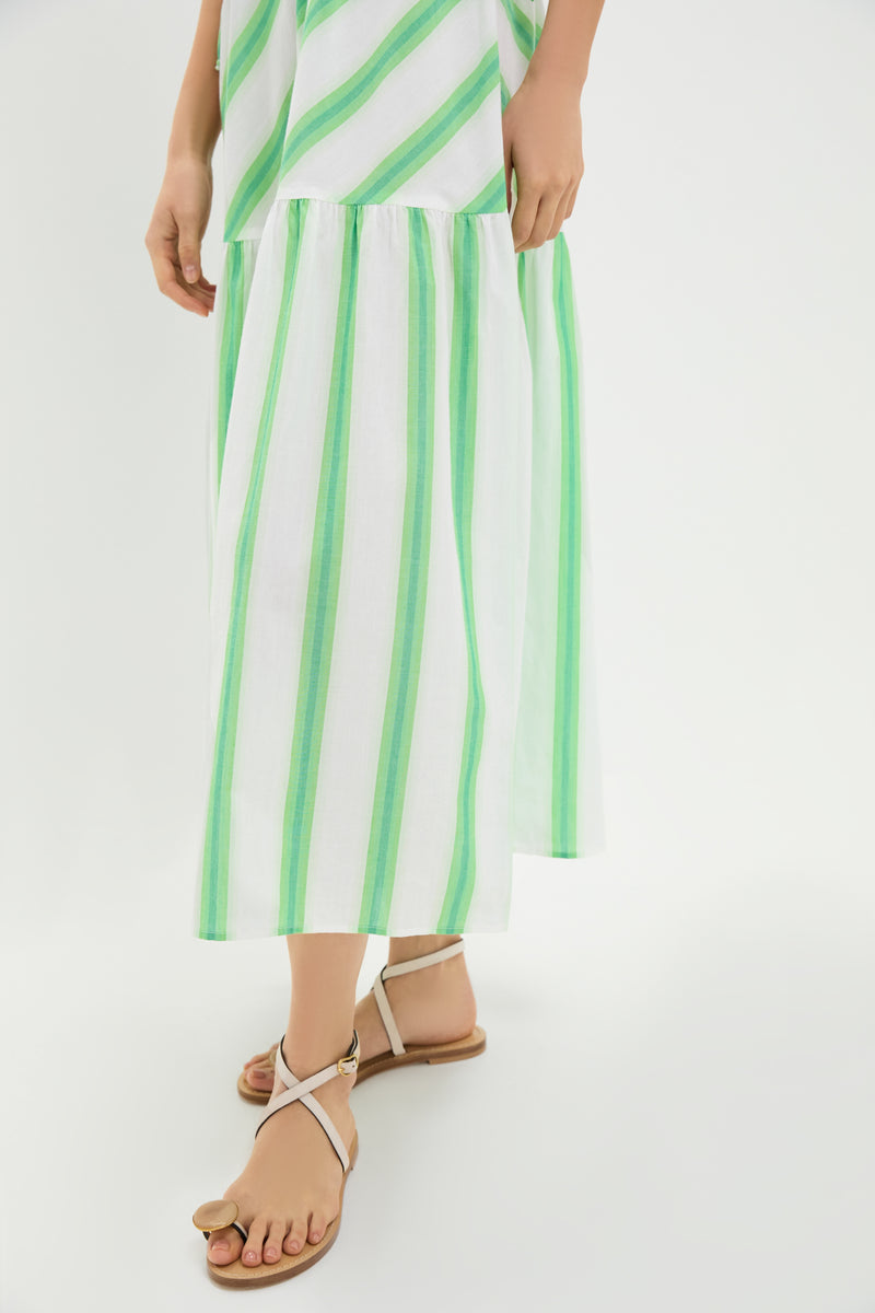 Green Stripe Bran Midi Dress with Tie
