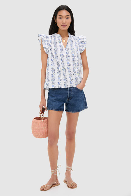 Bella Floral White Ruffle Sleeve Popover