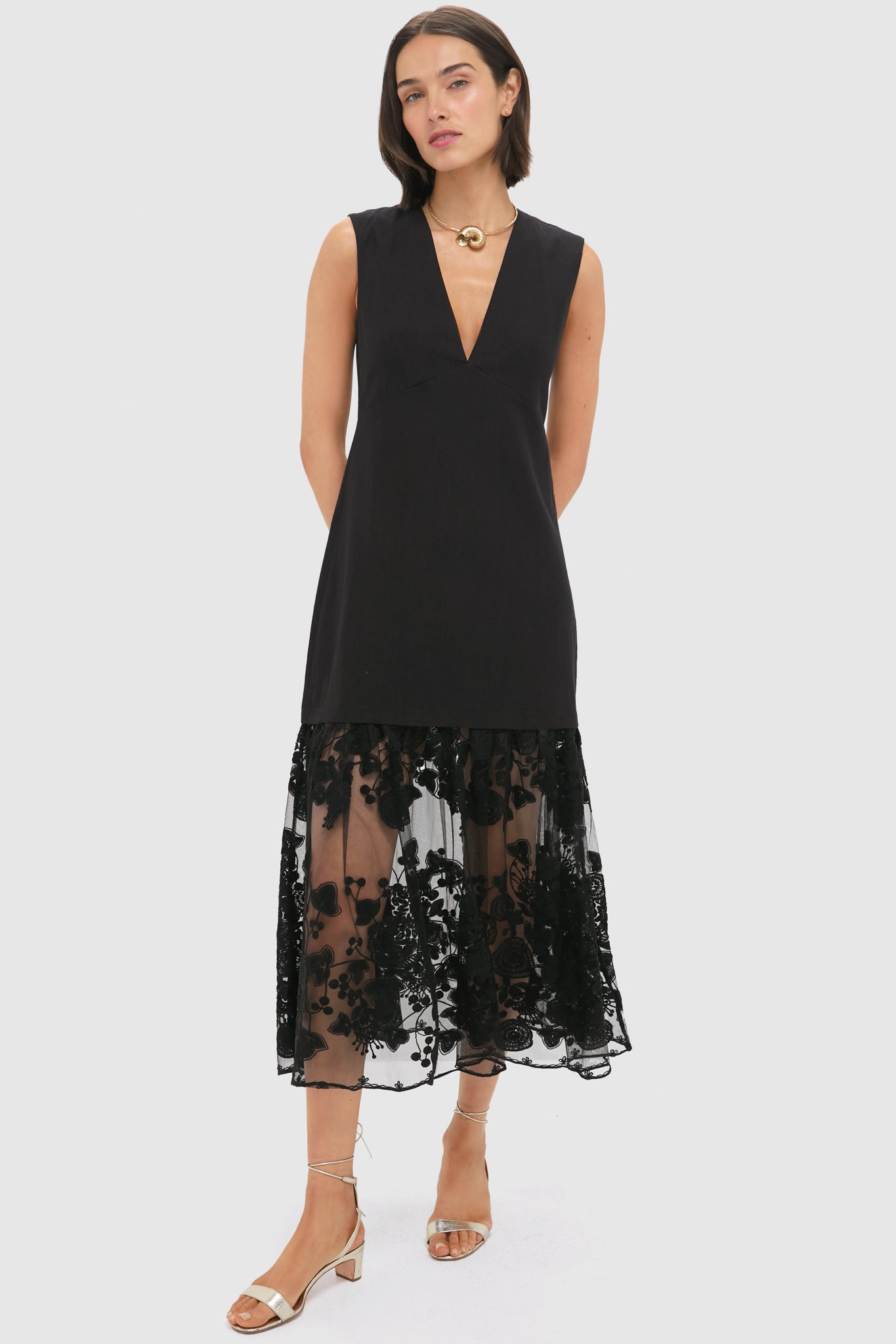 Black Arielle Lace V-Neck Midi Dress