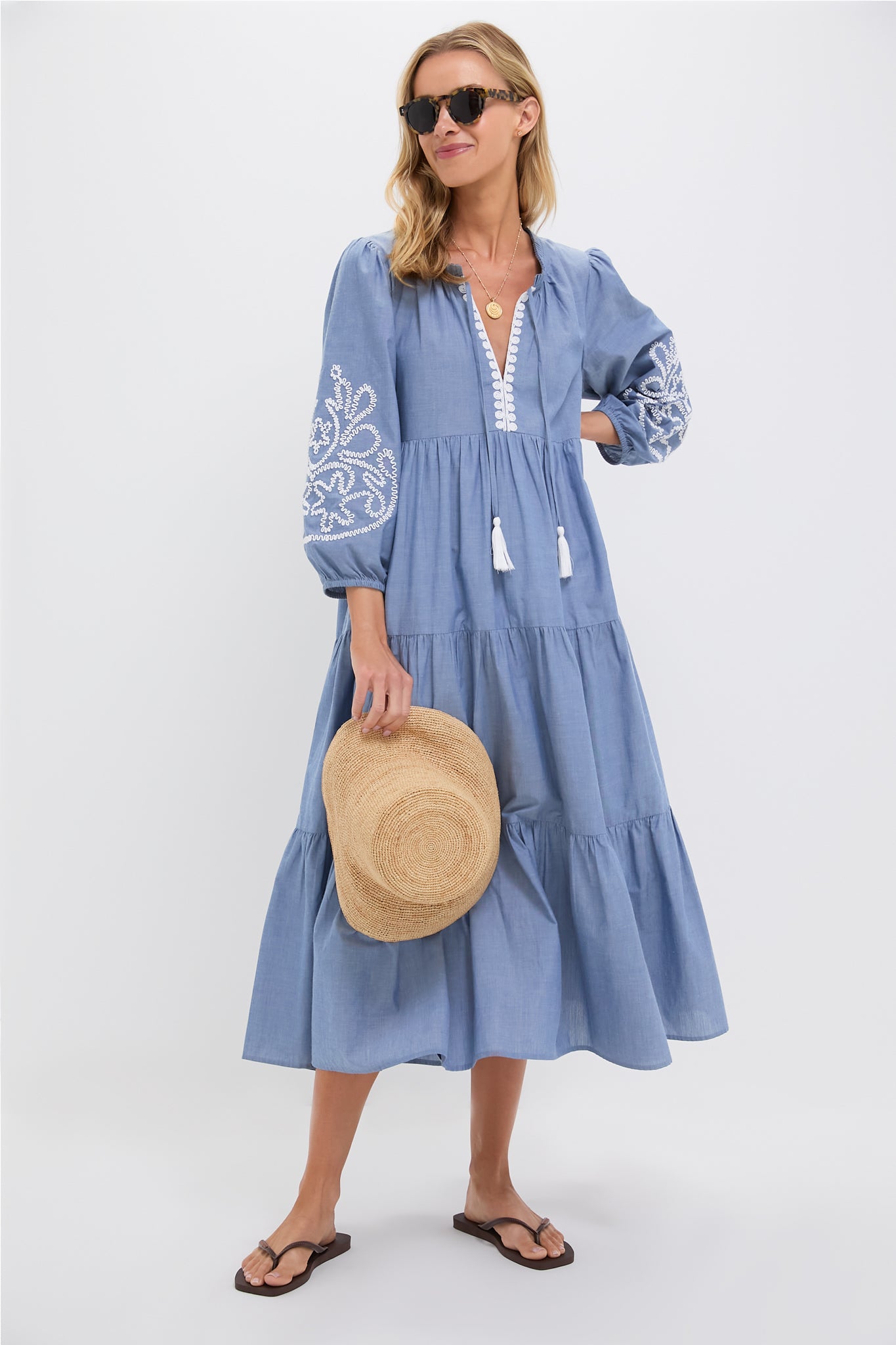 Embroidered Chambray Long Sleeve Salty Paloma Caftan