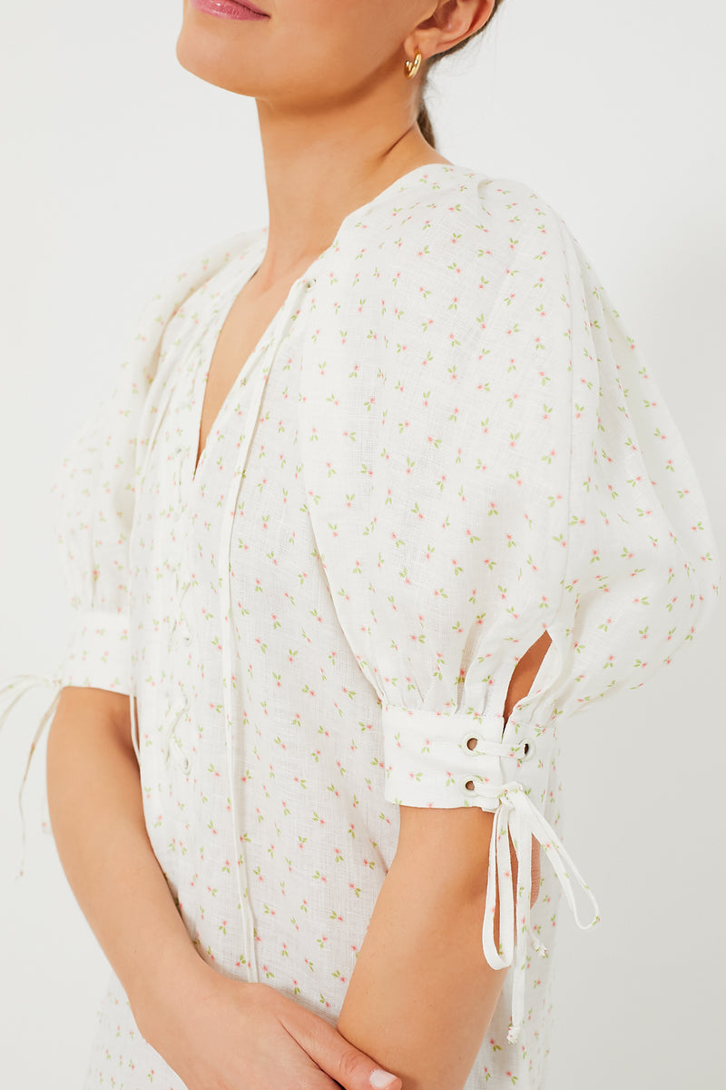 White and Pink Rose Garden Linen Dress