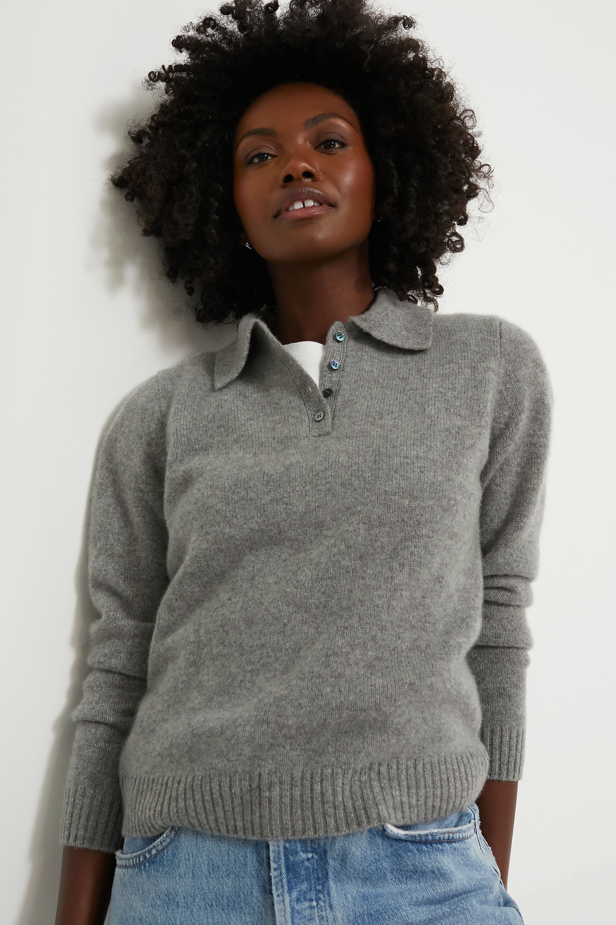 Heather Grey Cashmere Alice Polo Sweater Alex Mill