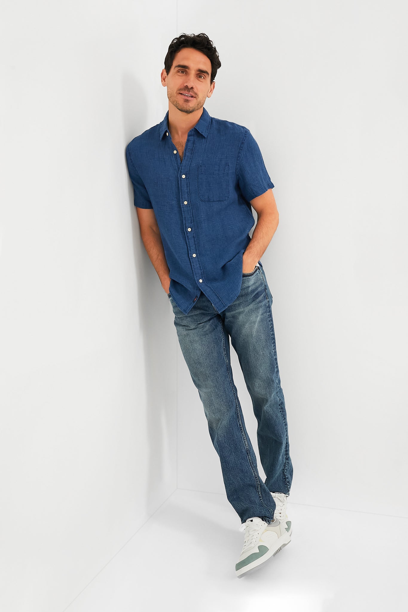 Indigo Basketweave Short Sleeve Palma Linen Shirt