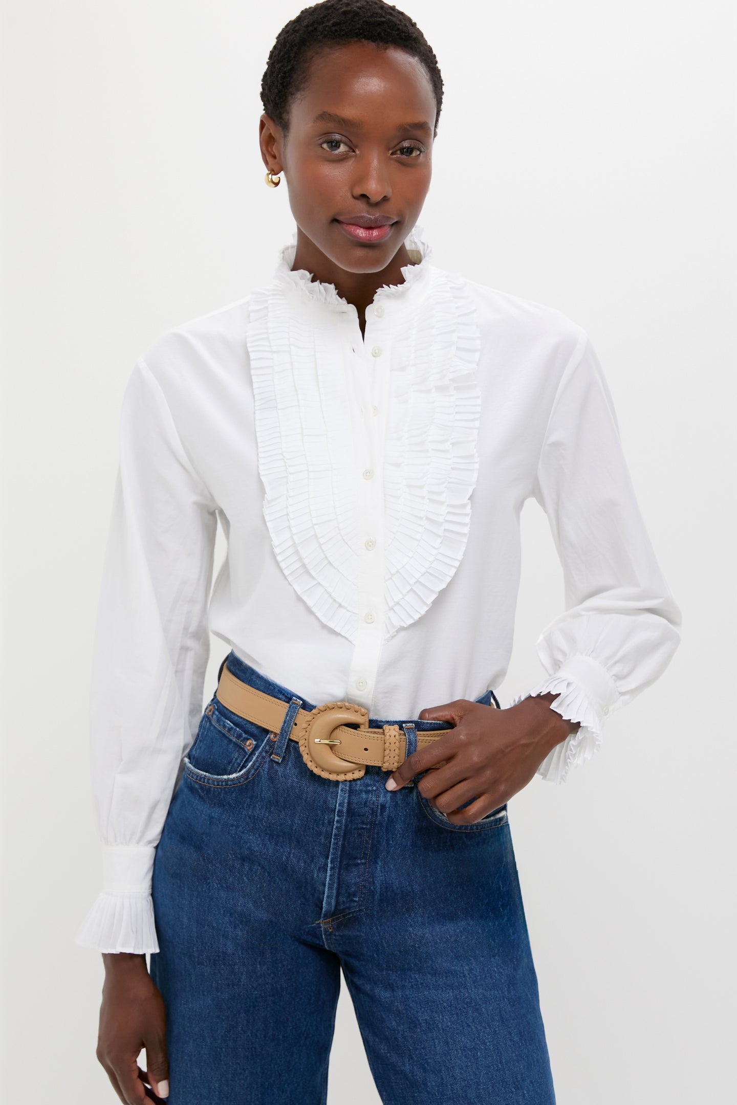 White Long Sleeve Band Collar Blouse