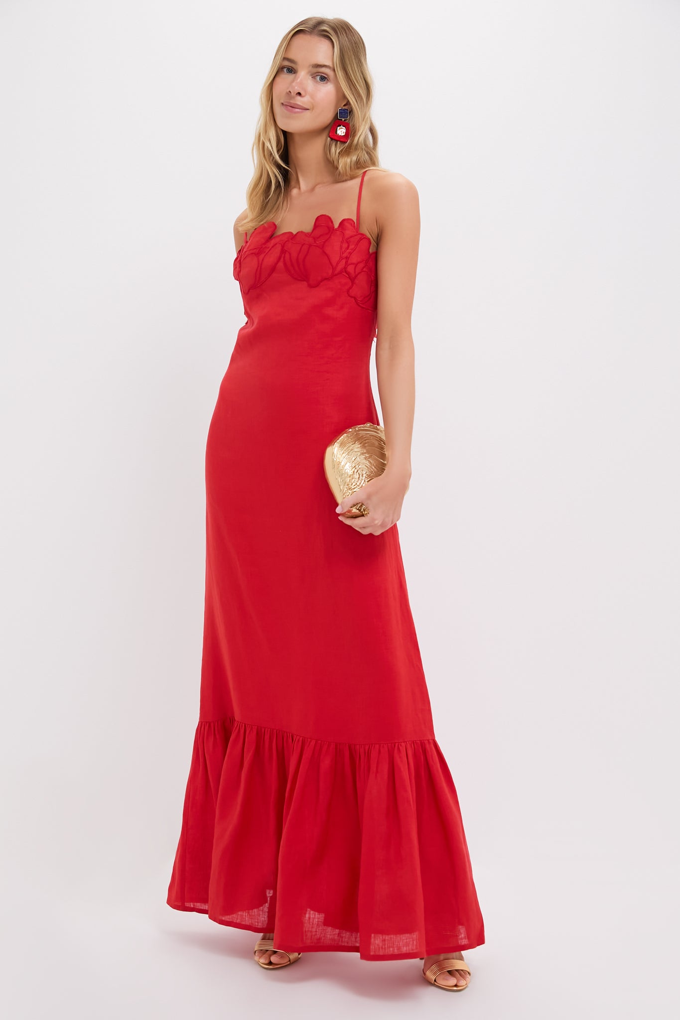 Coral Red Poema Eterno Embroidered Maxi Dress