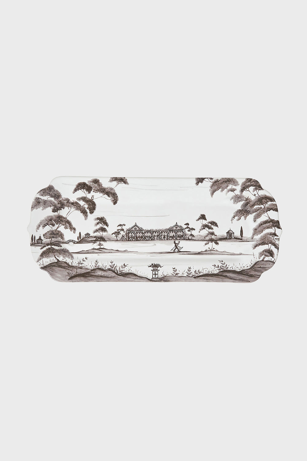 Juliska rectangular porcelain serving tray featuring a black pastoral landscape with trees and a central building, crafted in the style of Portuguese stoneware.