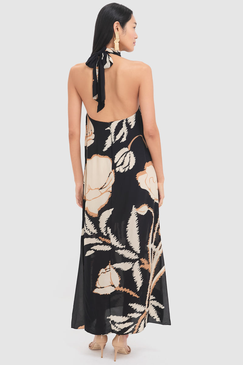 Black Gladiolos Costa Pacifica Crepe Chine Maxi Dress