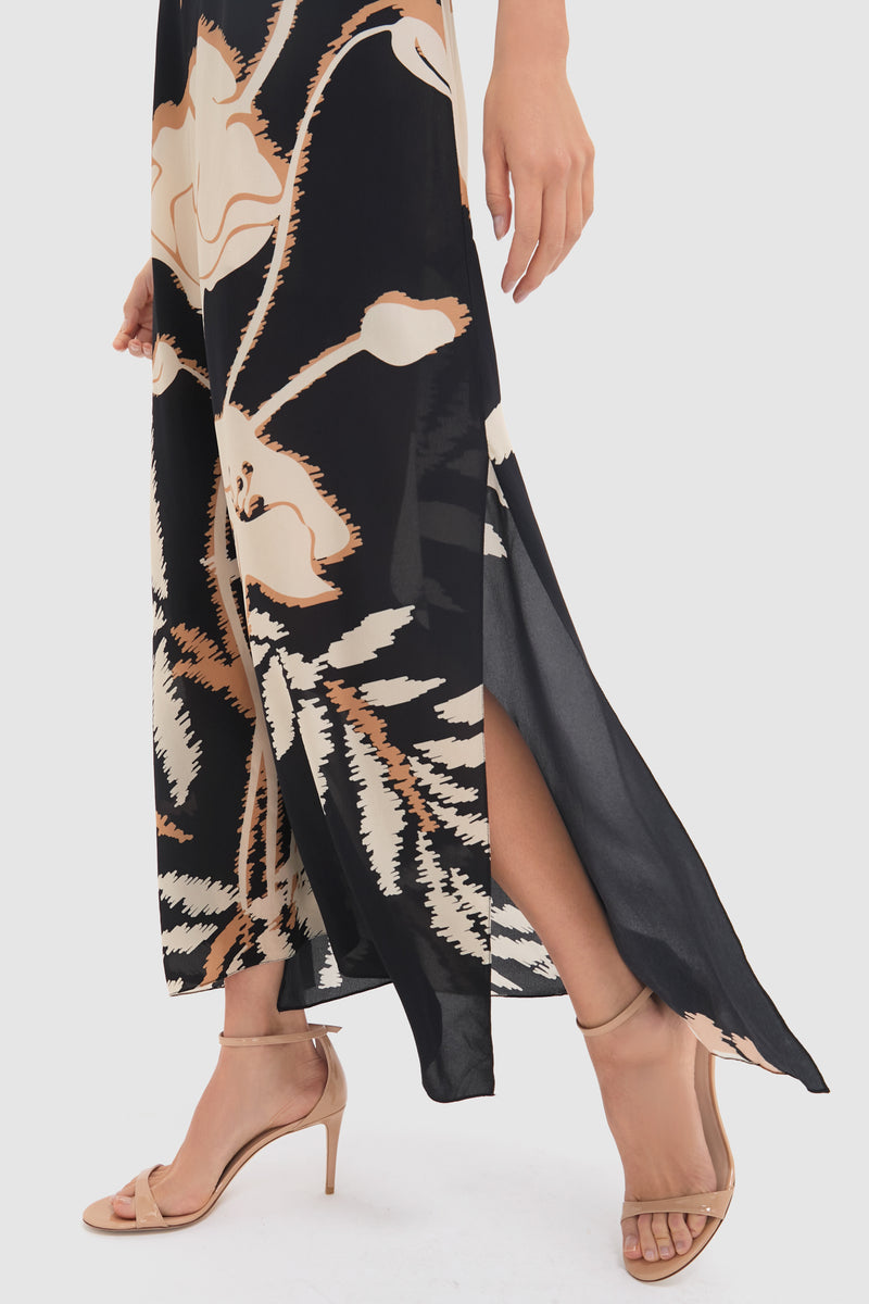 Black Gladiolos Costa Pacifica Crepe Chine Maxi Dress