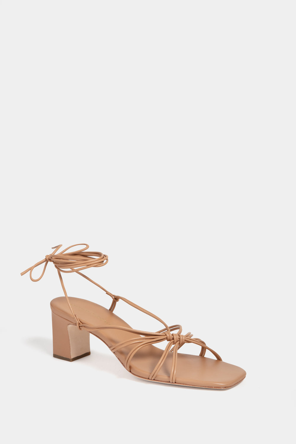 Tan Loeffler Randall Ryder Heels with a block heel and ankle tie, made from lamb leather.