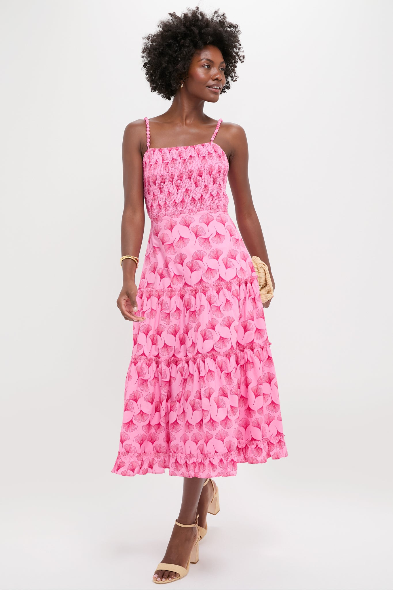 Pink & Raspberry Ginkgo Floral Augustine Midi Dress