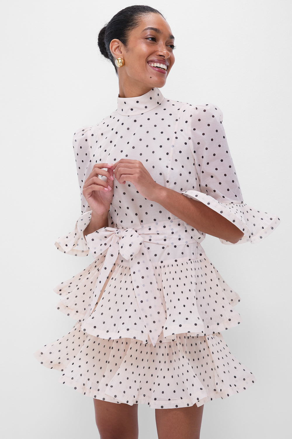 knee length dresses for ladies Cream and Black Polka Dot Pleated Sleeved Mini Dress