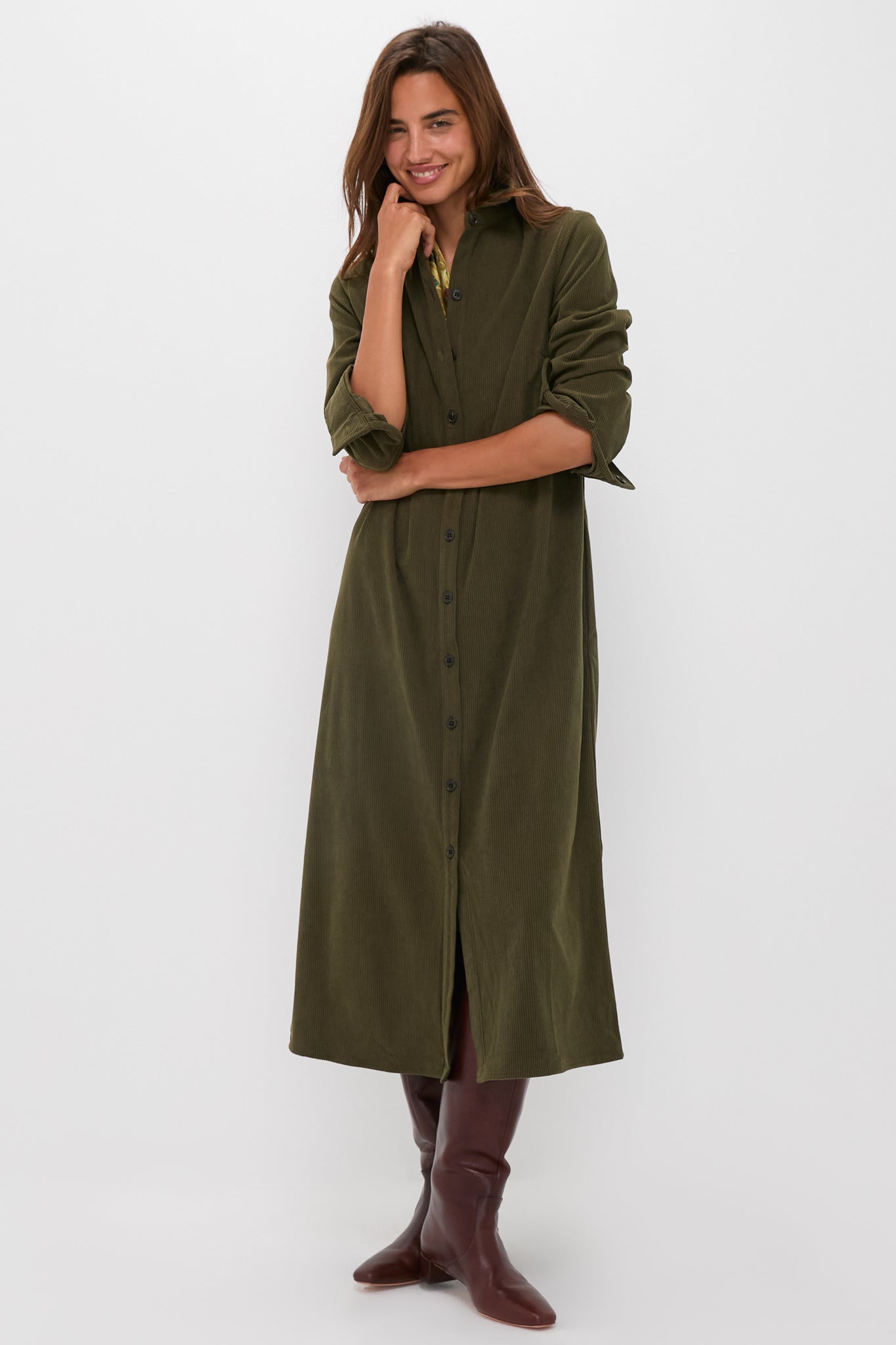 Olive Wide Wale Corduroy Tara Shirt Dress