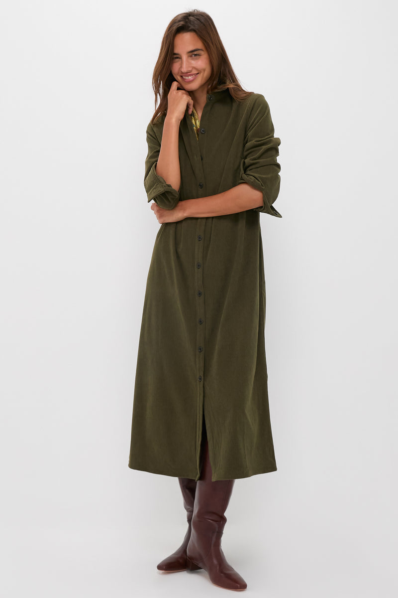 Olive Wide Wale Corduroy Tara Shirt Dress
