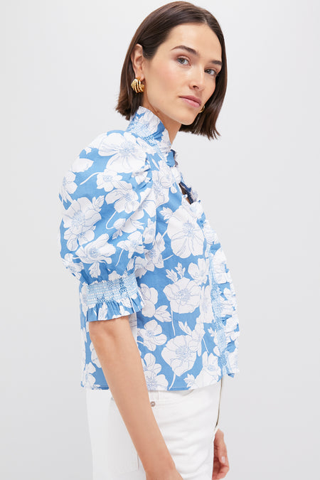 Blue Floral Ruffle Neck Aria Blouse