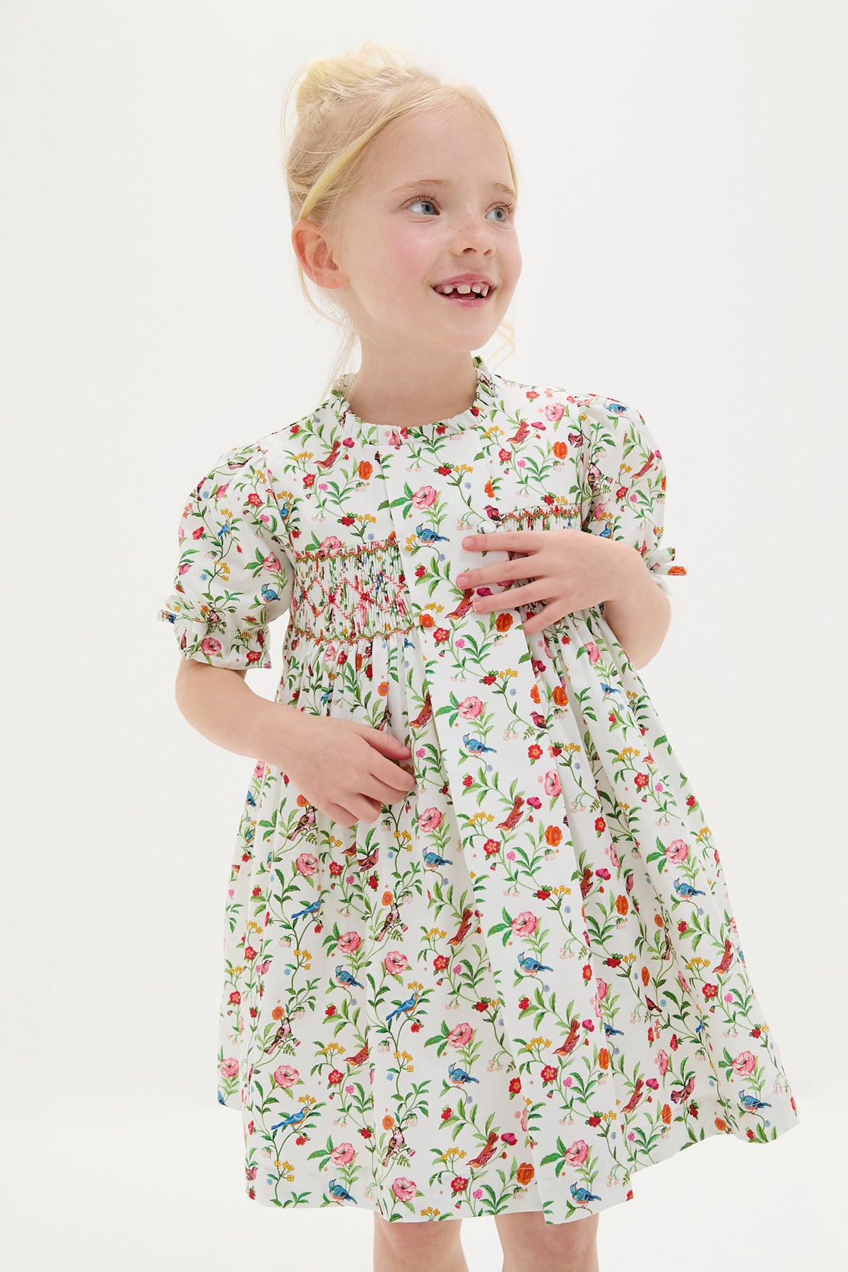 Ivory Bird Floral Carla Hand-Smocked Girls Dress