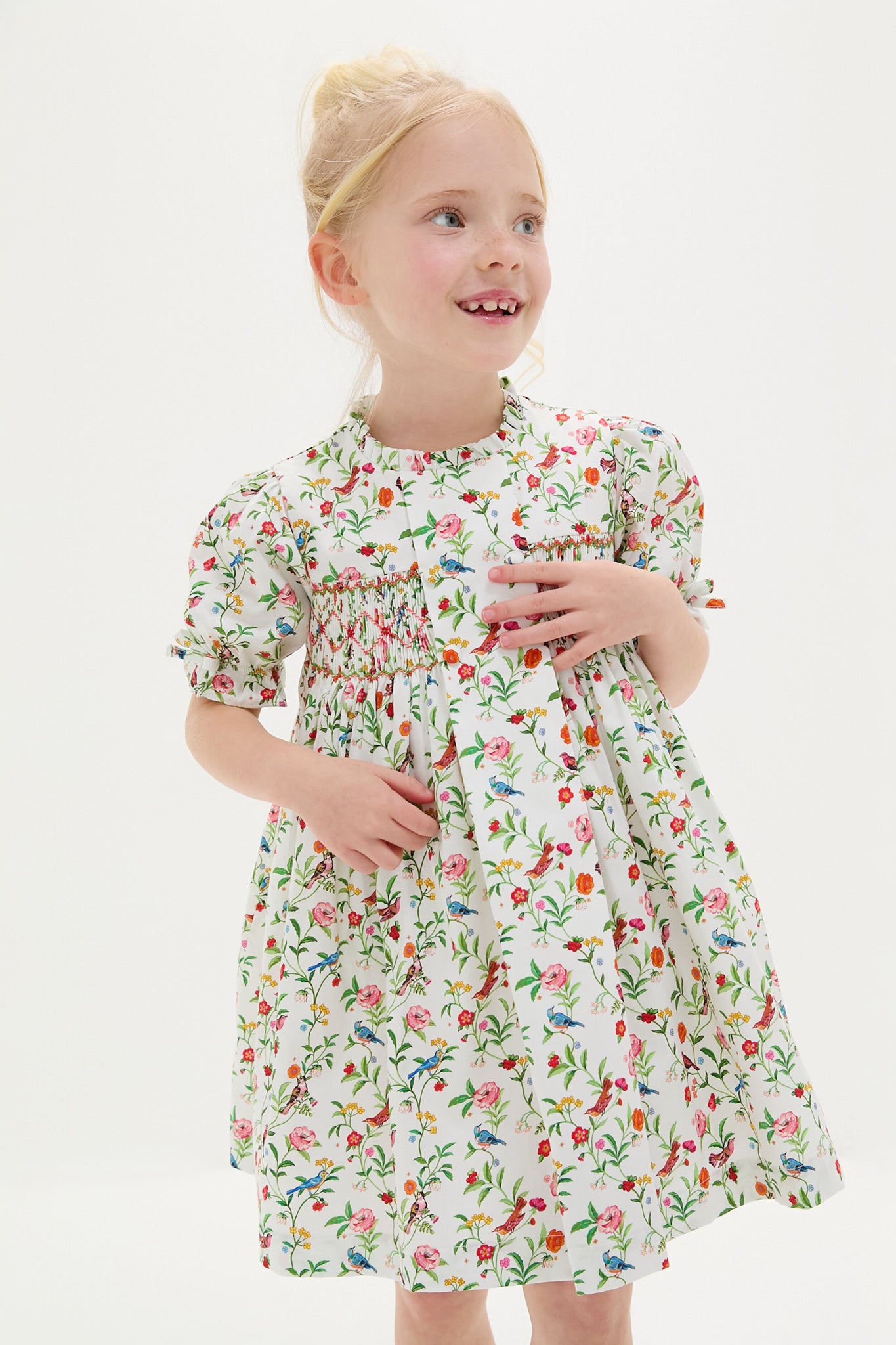 Ivory Bird Floral Carla Hand-Smocked Girls Dress
