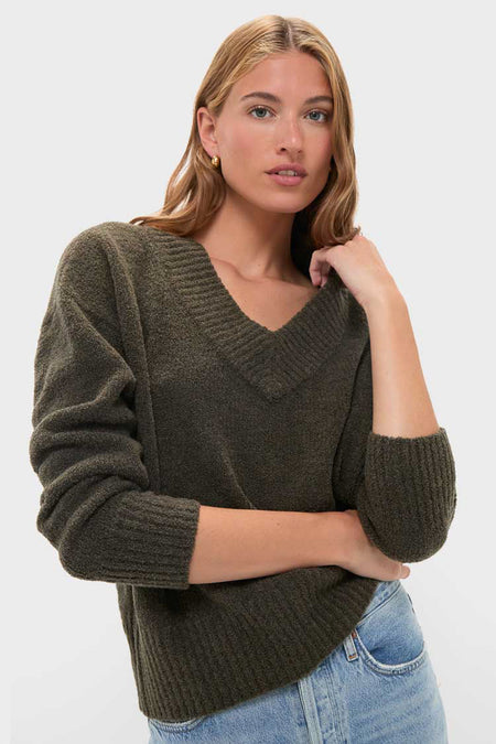 Olive Wool Boxy V-Neck Sweater