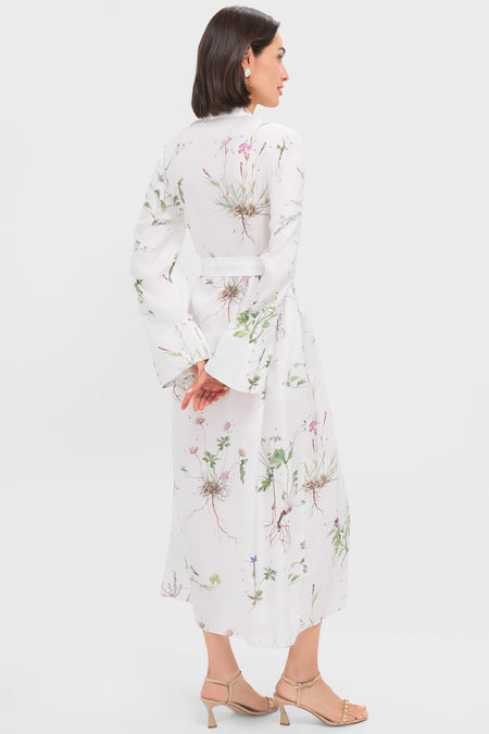 Botanical Garden White Long Sleeve Tie Waist Midi Dress