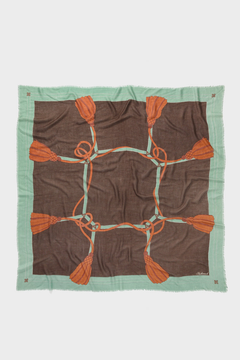 French Tassel Silk Cashmere Blend Large Scarf featuring a classic interlaced rope design, oversized tassels, and frayed edges, offering an effortless, high-end style for versatile, fun accessorizing.