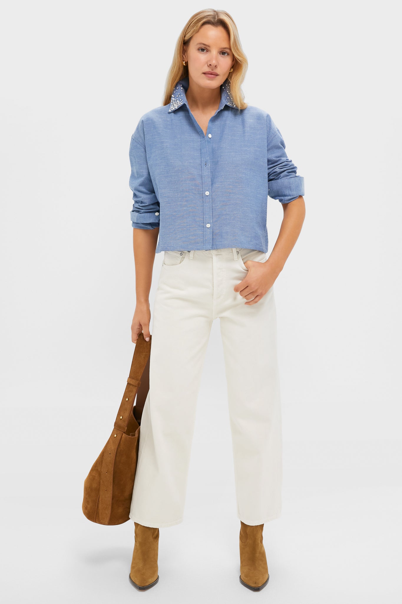 Chambray Denim Embellished Cropped Jasper Button Down
