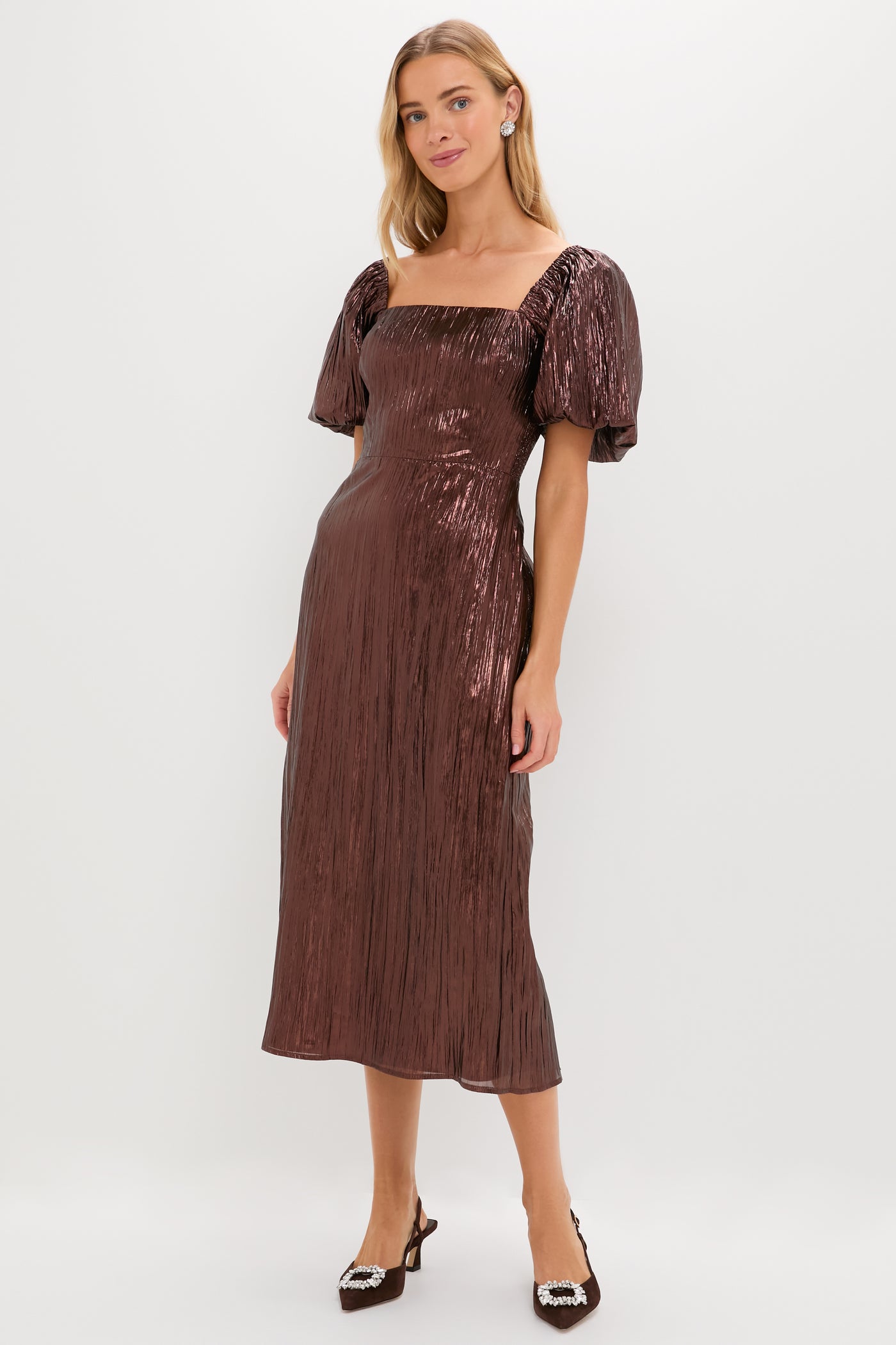 metallic midi dress with sleeves Long-Sleeve V-Neck Metallic Midi Dress