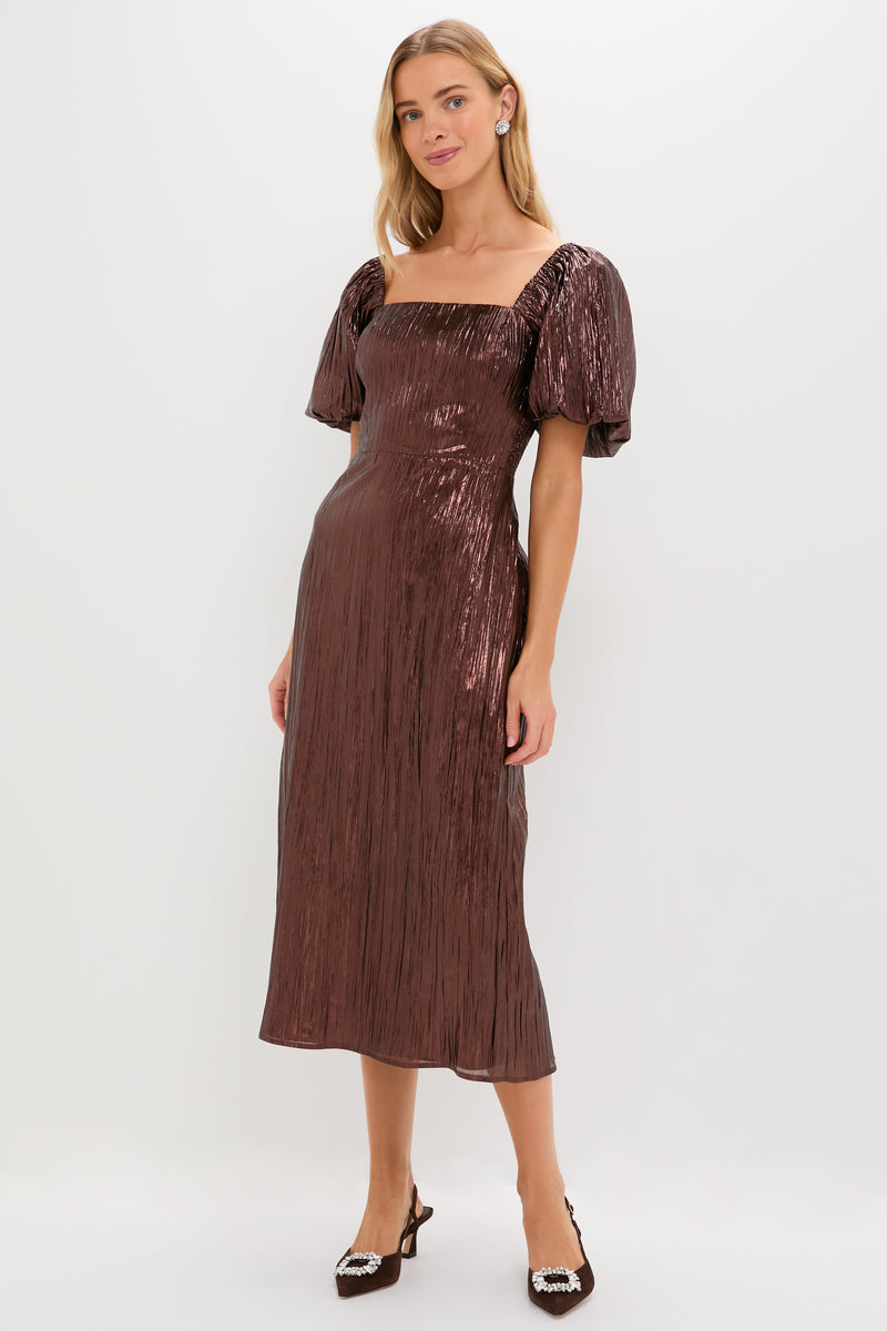 Bronze Metallic Plisse Gladys Puff Sleeve Midi Dress